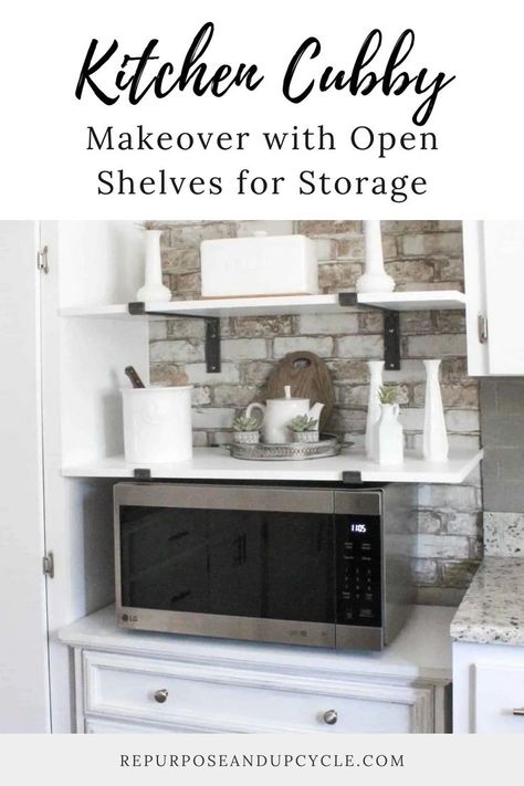 Do y’all know what it means to own an older home (I mean 1980’s and before)? To me it means lower ceilings, small bathrooms and minimal closets. Most of all, it means a smaller kitchen or minimal cabinet space. When we purchased our 1980’s rustic beach house, we knew one project we would complete immediately after we moved in. This project involved moving a few things around in the kitchen and creating a new kitchen cubby makeover with DIY open shelves for storage. Diy Open Shelves, Dining Room Floating Shelves, Cubby Makeover, Kitchen Cubby, Exposed Brick Wallpaper, Minimal Cabinet, Minimal Closet, Rustic Beach House, Styled Kitchen