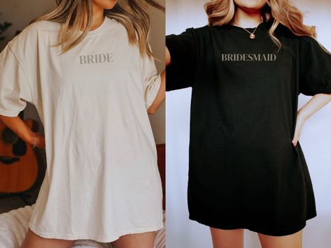 "FREE SHIPPING IN THE US! Comfort Colors Minimalist Bridesmaid Shirts, Bridal Party Shirts, Bride Shirt, Bridesmaid Shirt, Getting Ready Shirts, Bridesmaid Gift ♥ The SHIRT * This is a Comfort Colors 1717 shirt. * This unisex fit t-shirt is intended to be loose/oversized for women to give a chic and laid back vibe. If you want the tee to be more fitted, we would recommend sizing down. * If you are looking for an oversized \"T-shirt Dress\" look, we recommend sizing up 1 or 2 sizes * Detailed siz Getting Ready T Shirts Wedding, Get Ready Shirts For Wedding, Bridal Party Getting Ready Shirts, Oversized Tshirt Bridesmaid Getting Ready, Bridesmaids Oversized Shirts, Bridesmaid Getting Ready Tshirt, Bridesmaid Getting Ready Oversized Shirt, Oversized Bridesmaid Shirts, Bridal Party Oversized Shirts