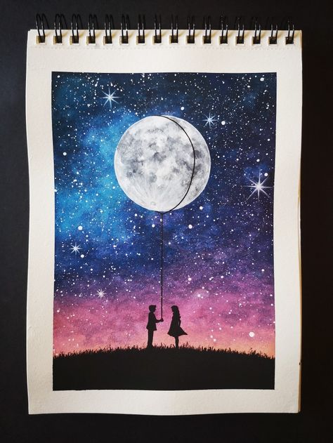 Acrylic Painting Ideas About Love, Beautiful Moon Drawing, Canvas Painting Ideas For Love, Oil Pastel Love Drawings, Romantic Scenery Painting, Love Art Acrylic Paintings, Couple Moon Painting, Beautiful Acrylic Painting Ideas, Moon Artwork Paintings