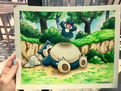 Watercolor Munchlax and Snorlax Snorlax And Munchlax Art, Snorlax Watercolor, Snorlax Painting, Snorlax Pokemon, Pokemon Painting, Paint Inspo, Pokémon Art, Pokemon Characters, Paint Ideas