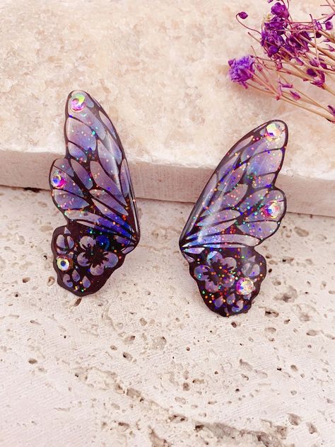 Rhinestone Decor Wing Design Stud Earrings | SHEIN USA Butterfly Wings Earrings, Butterfly Resin, Gradient Butterfly, Resin Studs, Resin Butterfly, Wings Earrings, Butterfly Wing Earrings, Purple Sparkle, Stud Style