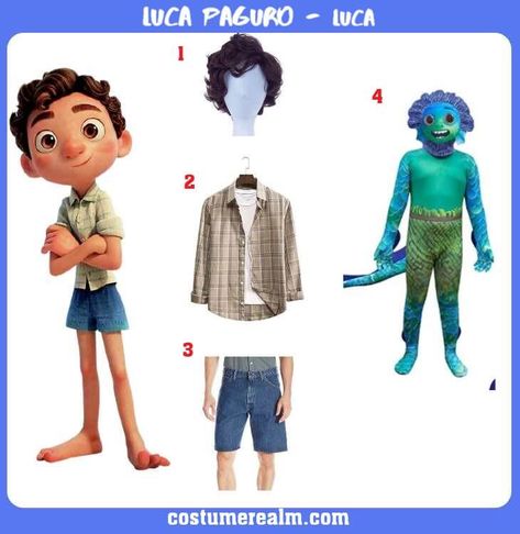 Disney Inspired Outfits For Men, Disney Costumes For Boys, Luca Costume, Disney Characters Costumes Diy, Boy Disney Characters, Halloween Casal, Pixar Costume, Disney Codes, Luca Disney