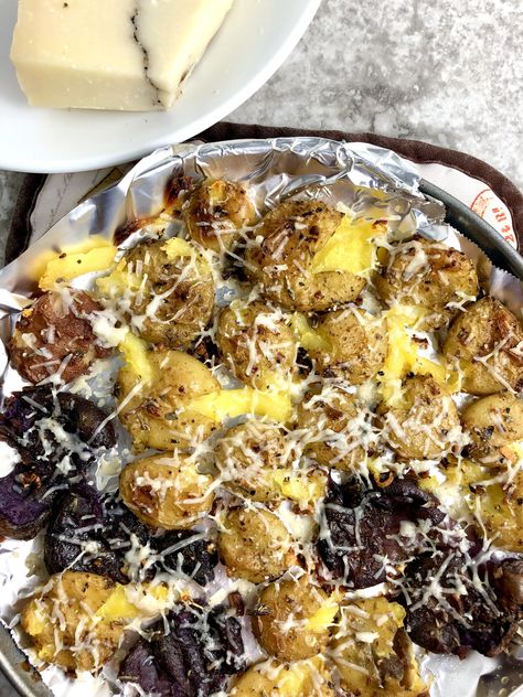 Crispy Garlic Truffle Cheese Smashed Potatoes | MAK and Her Cheese Cheese Smashed Potatoes, Truffle Cheese, Crispy Garlic, Aged Cheese, Herb Seasoning, Smashed Potatoes, Crispy Potatoes, Baby Potatoes, Infused Oils