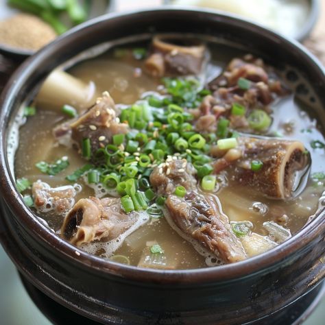 🍲 Warm up with the nourishing Seolleongtang! 🥣✨ #Seolleongtang #KoreanCuisine Seolleongtang (Ox Bone Soup) Ingredients: Ox bones (2 lbs) Water (10 cups) Garlic, whole (1 bulb) Green onions, chopped (1 cup) Salt (to taste) Black pepper (to taste) Cooked rice (for serving) Soy sauce (2 tbsp, optional) Sesame seeds (1 tbsp, optional) Instructions: Soak ox bones in cold water for 2 hours to remove blood. In a large pot, boil water and add the ox bones. Simmer for 6-8 hours until broth is milk... Ox Bone Soup, Korean Soup, Bone Soup, Soup Ingredients, Instagram Recipes, Twisted Recipes, Cooked Rice, Comfort Soup, Trending Recipes