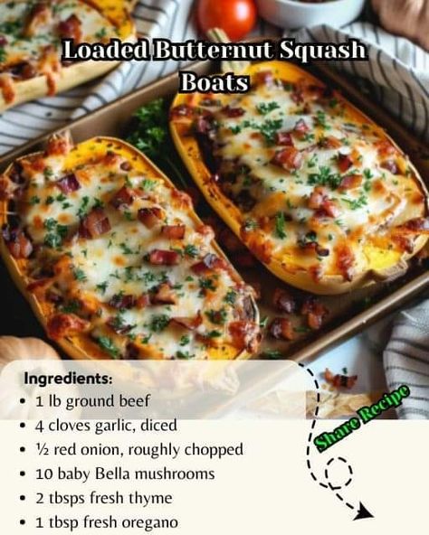 grandma's recipes | Loaded Butternut Squash Boats 🚤 | Facebook Butternut Squash Boats Stuffed, Butternut Squash Boats, Stuffed Butternut Squash Recipes, Squash Boats, Baby Bella Mushrooms, Stuffed Squash, Grandma's Recipes, Butternut Squash Recipes, Grandmas Recipes