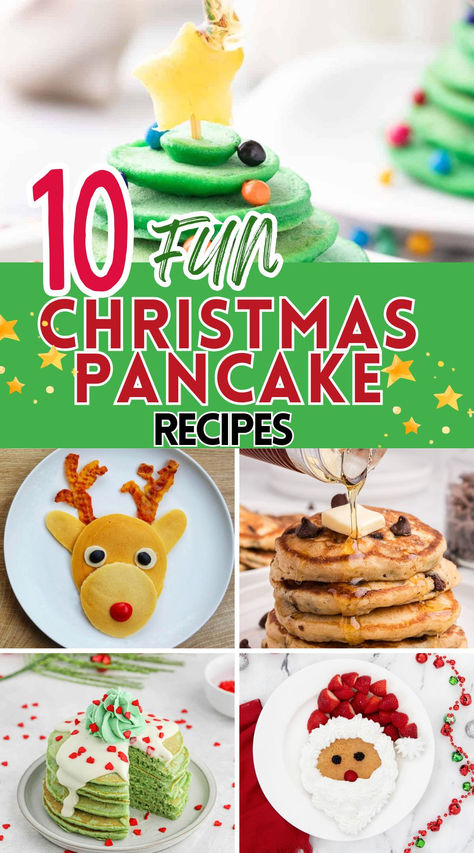 Photo collage with Christmas pancakes with text overlay. Christmas Breakfast Easy Kids, Snowman Pancakes Christmas Breakfast, Grinch Pancakes Christmas Breakfast, Christmas Tree Pancakes For Kids, Christmas Morning Toddler Breakfast, Xmas Pancakes Kids, Christmas Day Breakfast Ideas Kid, Santa Hat Pancakes, Christmas Sheet Pan Pancakes