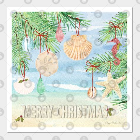 Beautiful painted Coastal Christmas elements. Designed by Jean Plout. -- Choose from our vast selection of art prints and posters to match with your desired size to make the perfect print or poster. Pick your favorite: Movies, TV Shows, Art, and so much more! Available in mini, small, medium, large, and extra-large depending on the design. For men, women, and children. Perfect for decoration. Beach Christmas Card, Merry Christmas Poster, Coastal Ornament, Florida Christmas, Coastal Holiday, Christmas Elements, Christmas Card Art, Beach Christmas, Giclee Painting