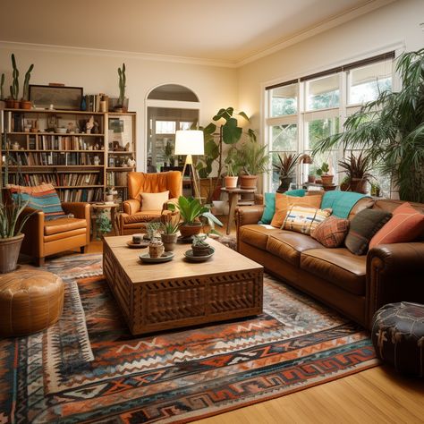 Leather Couch Cozy Living Room, Boho Mcm Living Room, Vintage Eclectic Home Living Room, Brown Couch Living Room Ideas Boho, Orange Leather Couch Living Room, New Mexico Living Room, Ucla Apartment, Orange Leather Couch, Mcm Apartment