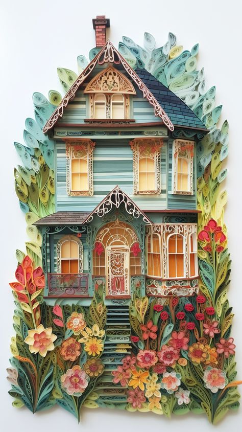 Victorian house created with AI by Amanda Church Quilling Paper Art Ideas, 3d Quilling Ideas, Quilling House, Paper Quilling Ideas, Quiling Paper Art, Construction Paper Art, Diy Quilling Crafts, Quilling Paper Art, Arte Quilling