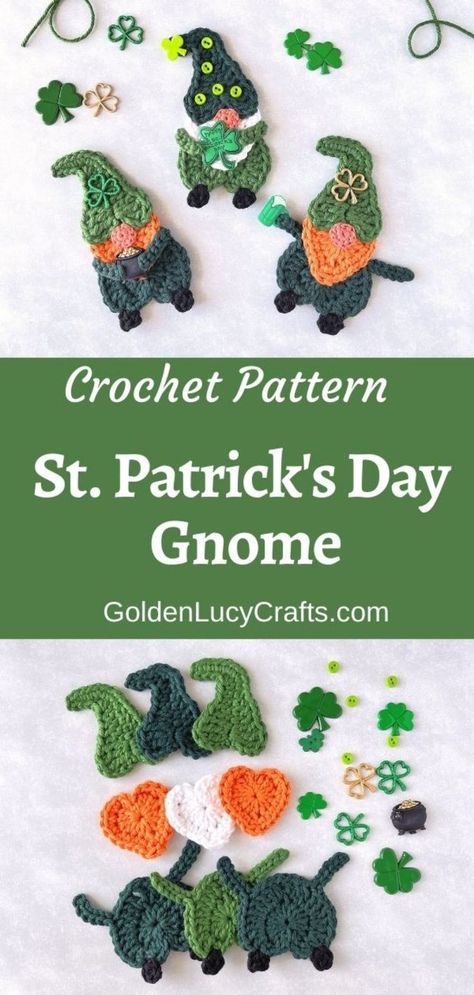 Crocheted St Patrick's Day gnome and leprechaun applique. Gardening Drawing, Aesthetic Gardening, Decorative Nails, Garden Nails, St Patricks Crafts, Crochet Applique Patterns Free, Crochet Garden, Tattoo Garden, Crochet Embellishments