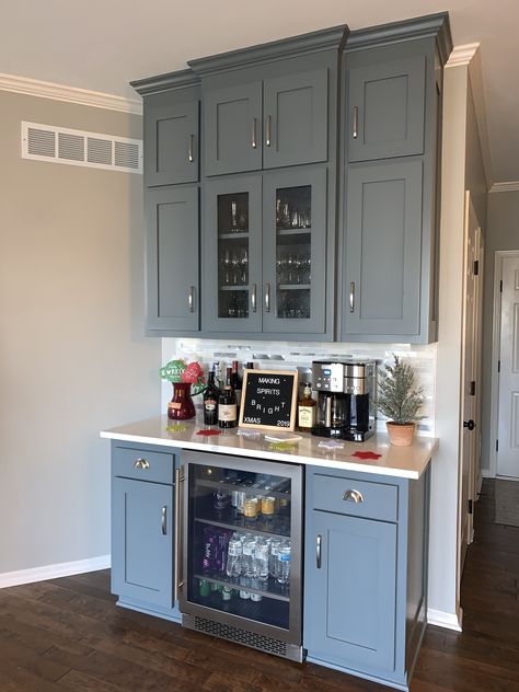 Sherwin Williams Grays Harbor, Sherwin Williams Grays, Kitchen Desk Areas, Grays Harbor, Kitchen 2023, Home Wet Bar, Beverage Station, Home Bar Rooms, Kitchen Desks