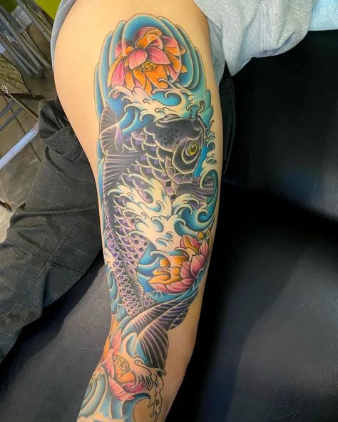 Color Koi Fish Tattoo, Purple Koi Fish Tattoo, Koi Fish Tattoo Design Colored, Colorful Koi Fish Tattoo, Detailed Koi Fish Tattoo, History Meaning, Koi Fish Tattoo, Fish Tattoo, Koi Fish