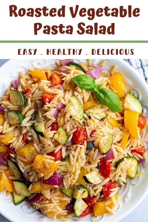 Bright and flavorful Roasted Vegetable Pasta Salad is orzo pasta with vegetables, all tossed in a simple homemade dressing. An easy side dish that’s fresh, colorful and always gets rave reviews. So great for make-ahead lunches and cookouts!⁣ Enjoy it warm or cold! Warm Pasta Salad, Orzo Salat, Vegetable Pasta Salad, Pasta With Vegetables, Vegetarian Pasta Salad, Vegetable Pasta Salads, Veggie Pasta Salad, Roasted Vegetable Pasta, Roasted Vegetable Salad