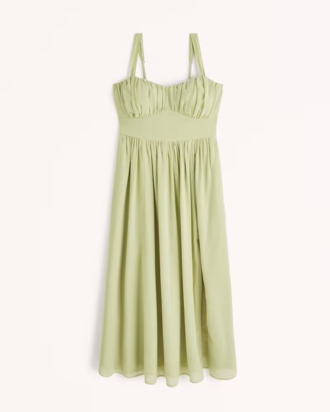 Women's Ruched Chiffon Midi Dress | Women's Dresses & Jumpsuits | Abercrombie.com Green Long Dress, Rouched Dress, Long Green Dress, Satin Shirt Dress, Abercrombie And Fitch Dresses, Packing Supplies, Chiffon Midi Dress, Dresses Xxl, Tiered Maxi Dress