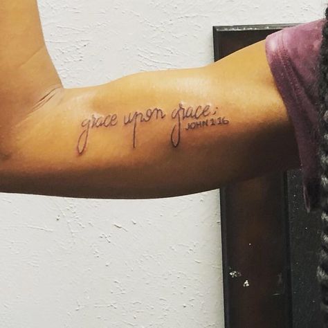 My first tattoo Grace upon grace John 1:16 & semi colon Give Grace Tattoo, By Your Grace Tattoo Cody Johnson, Saved By His Grace Tattoo, Give Yourself Some Grace Tattoo, Tattoos About Grace, By Your Grace Cody Johnson, Cody Johnson Tattoo, Grace Upon Grace Tattoo, Tattoo Grace