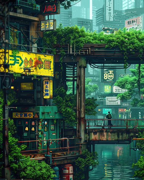 silent streets, neon dreams #digitalart #urbanjungle #cyberpunkart #cityscape #animelovers #techart #aiartcommunity #futuristic #cyberpunkaesthetic #cyberpunk #nightscape Green Dystopian City, Cyberpunk Nature Aesthetic, Biopunk City Concept Art, Overgrown Cyberpunk City, Plant Cyberpunk, Cyberpunk World Building, Overgrown Cyberpunk, Rural Cyberpunk, Cyberpunk Farm