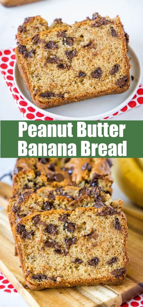 Peanut Butter Banana Bread - moist, tender banana bread made with creamy peanut butter and loaded with chocolate chips! Great use of those over ripe bananas on your counter! Peanut Butter Banana Zucchini Bread, Banana Peanut Butter Chocolate Chip Bread, Banana Bread Recipe Chocolate Chip Peanut Butter, Banana And Peanut Butter Bread, Breakfast Ideas With Ripe Bananas, Banana Peanut Butter Loaf, Chocolate Banana Peanut Butter Cake, Banana Bread Recipe With Peanut Butter, Peanut Butter Chocolate Chip Banana Loaf