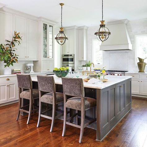 Behind the Design with Ashley Gilbreath Urbane Bronze Island, Agreeable Gray Cabinets, Bronze Kitchen Island, Urbane Bronze, Built In Banquette, Bronze Kitchen, White Oak Hardwood Floors, Wood Island, Agreeable Gray