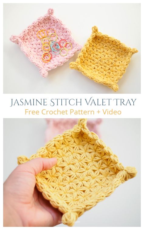 Jasmine Star Stitch Valet Tray Free Crochet Pattern Video Crochet Tray Pattern Free, Crochet Tray Pattern, Crochet Tray, Jasmine Crochet, Jasmine Star, Crochet Storage, Crochet Doll Dress, Valet Tray, Decorative Basket