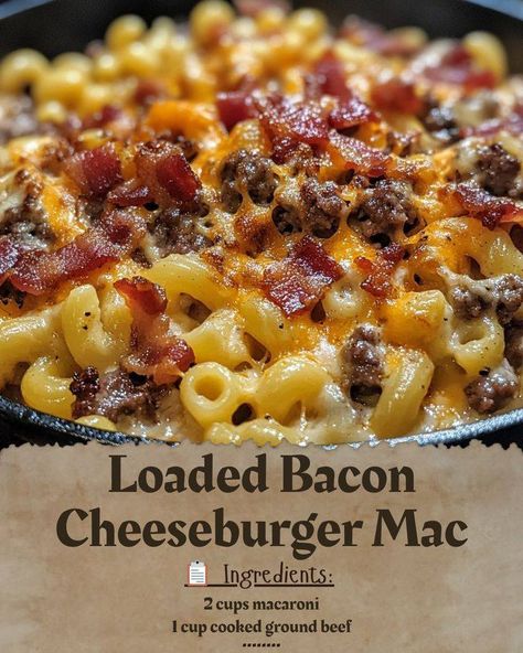 Ultimate Loaded Bacon Cheeseburger Mac: The Comfort Food You Didn't Know You Needed! 🍔🥓🧀 Ingredients: 2 cups macaroni 1 cup cooked ground beef 1/2 cup shredded cheddar cheese 4 slices bacon, cooked and crumbled 1 cup milk 2 tablespoons butter 2 tablespoons all-purpose flour Salt and pepper to taste Instructions: Craft the Creamy Cheese Sauce: In a saucepan, melt the butter over medium heat. Whisk in the flour until smooth, then slowly pour in the milk, stirring continuously until the mixtur... Baked Bacon Cheeseburger Mac And Cheese, Homemade Bacon Mac And Cheese Recipe, Loaded Bacon Cheeseburger Mac, Cheeseburger Mac And Cheese, Ez Recipes, Cheeseburger Mac, Asian Sauce Recipes, Forgotten Chicken, Bacon Cheeseburger Casserole