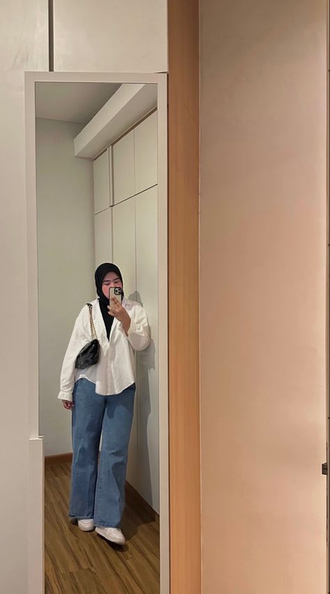 Blue jeans, white shirt, hijab outfit Jeans Shirt Outfit Hijab, Oversized White Shirt Outfit Hijab, White Shirt And Jeans Outfit Hijab, White Chemise Outfit Hijab, White Jeans Outfit Hijab, Outfit Jeans Biru, Blue Jeans Outfit Hijab, White Shirt Outfit Hijab, Baby Blue Shirt Outfit