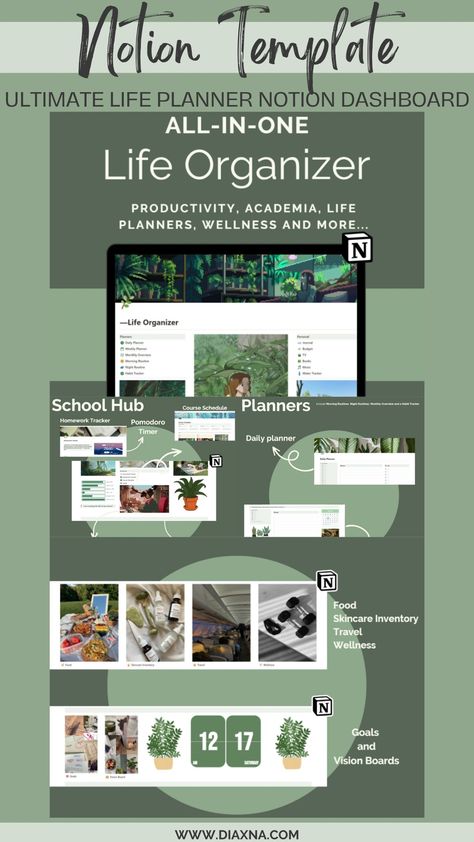 Notion Ultimate Life Planner Templates - Elevate Planning and Organize Every Aspect of Your Life: Explore 4 Aesthetic Notion Dashboards! — DIAxNA Notion Template For Work, Notion Productivity, Life Planner Notion, Ultimate Life Planner, 4 Aesthetic, Aesthetic Notion, Course Schedule, Project Management Templates, Planner Tracker