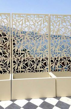 terrace overlooking the sea; laser cut aluminum screens with planters Pool Privacy, Planter Box With Trellis, Planter Trellis, Laser Cut Screens, Balcony Planters, Vertical Garden Design, Privacy Fence Designs, Aluminum Screen, Metal Planter Boxes