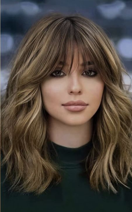 Shag Hairstyles With Bangs Over 50, Long Bob With Curtain Bangs Thick Hair, Bangs That Blend Into Hair, Shorter Hair With Bangs, Mom Haircut With Bangs, Mom Cut With Bangs, Shaggy Lob With Bangs Shoulder Length, Shoulder Length Hair Cuts With Layers Choppy, Balayage Hair With Bangs