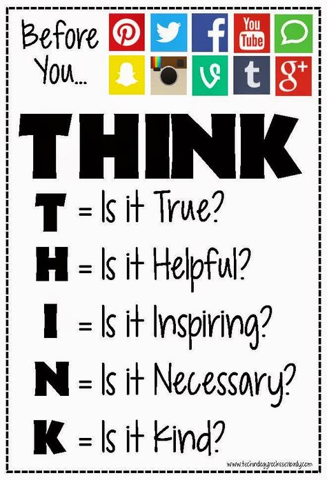 Honest and important questions to ask yourself before you publish or post anything online. Especially for us teenagers and young adults out there. Online Etiquette, Think Before You Post, Think Poster, Digital Citizen, Technology Posters, Computer Station, Adolescent Health, Digital Citizenship, Media Literacy