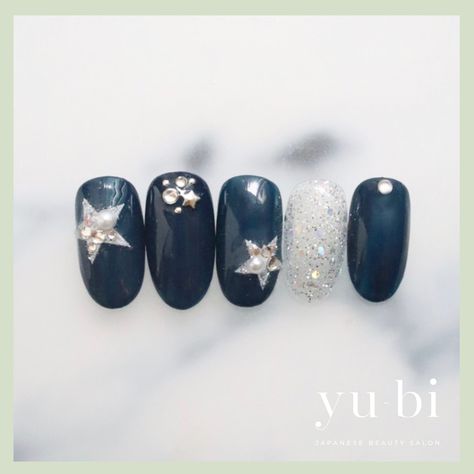 Blue marin navy color nais / star / silver glitter Nails Azul, Star Nail Designs, Korean Nail, Korean Nail Art, Japanese Nail, Star Silver, Korean Nails, Japanese Nail Art, Nails Blue