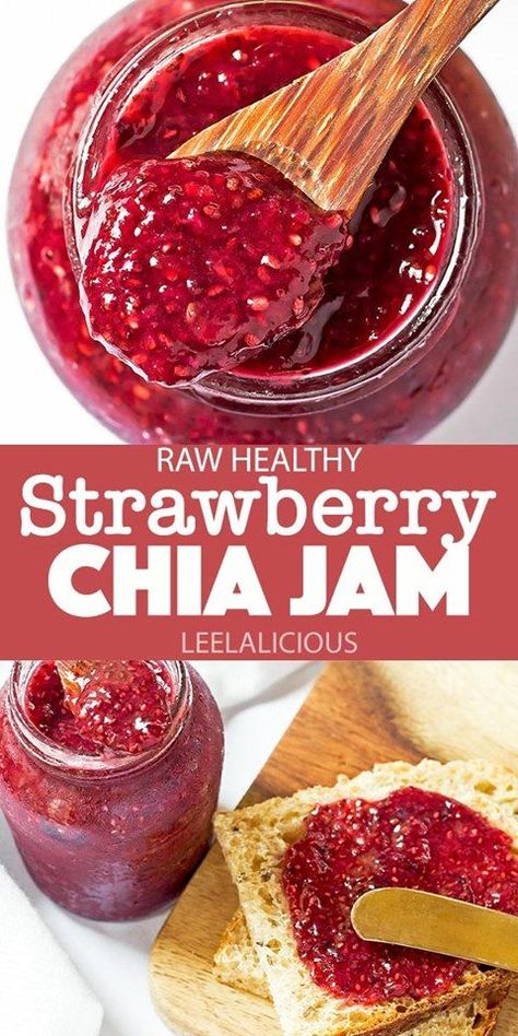 This Strawberry Chia Jam is raw, refined sugar-free, and pectin-free. Instead, it is thickened with super nutritious chia seeds. Great on toast, yogurt, or ice cream.  #jam #strawberryjam #chiajam #chia #chiaseeds #strawberries #fruit #homemade Toast Yogurt, Chia Jam Recipe, Strawberry Chia Jam, Chia Seed Jam, Sugar Free Jam, Chia Recipe, Strawberry Jam Recipe, Healthy Food Habits, Chia Seed Recipes