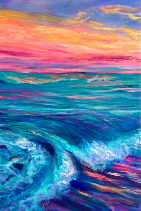 Bright pink sunset over the ocean. Original acrylic painting g Colorful Ocean Painting, Vibrant Landscape Paintings, Vibrant Acrylic Painting, Ocean Sunset Paintings Acrylics, Random Painting Ideas, Random Painting Ideas On Canvas, Acrylic Sunset Painting, Ocean Sunset Painting, Vivid Art