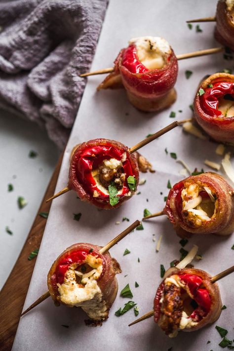 Bacon-Wrapped Cherry Peppers are stuffed with a delicious combination of sharp cheddar cheese & goat cheese. They're a perfect party appetizer! Stuffed Cherry Peppers, Cherry Pepper Recipes, Bacon Wrapped Cheese, Cherry Peppers, Pepper Recipes, Tapas Recipes, Cherry Recipes, Holiday Appetizers, Sharp Cheddar