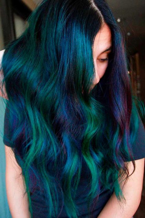 The Top Green Hair Color Ideas And How To Get Them Green And Blue Hair, Green Hair Color Ideas, Purple And Green Hair, Galaxy Hair Color, Green Hair Color, Oil Slick Hair, Dark Green Hair, Blue Green Hair, Witch Hair