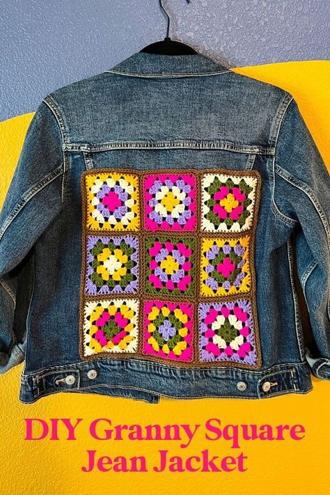 Jazz up your jean jacket with a granny square jacket patch. This easy crochet project is perfect for spring or fall weather — ideal for beginners! Crochet On Denim Jacket, Jeans With Crochet Patches, Granny Square Denim Jacket, Granny Square Jean Jacket, Denim Jacket Crochet, Granny Square Jeans, Upcycle Jean Jacket Diy Ideas, Crochet Jean Jacket, Crochet Denim Jacket