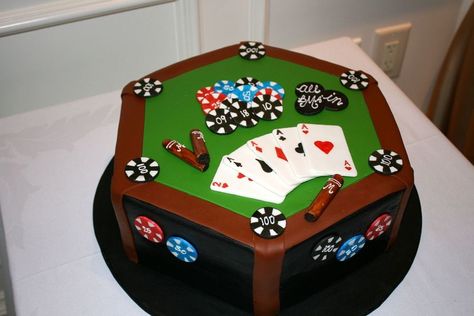 Andrew's Poker Cake All decorations are MMF/gumpaste. Many ideas foind here on CC :) TFL Poker Cake, Cards Cake, Vegas Theme Party, Men's Birthday, Poker Party, Gambling Cake, Vegas Party, Poker Night, Gambling Party