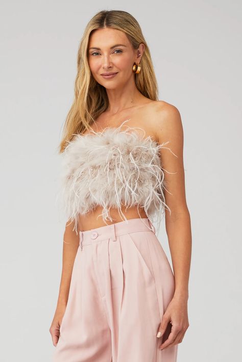 LAMARQUE | Zaina Top in Feather Pink| FashionPass Feather Crop Top, Leather Crop Top, Leather Bustier, Feather Tops, Strapless Crop Top, Turkey Feathers, Bustier Top, Pink Fashion, S Models