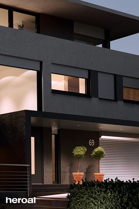 Cubistic architect's house by night with large heroal windows and a neighboring pool. Black Aluminum Windows, Aluminium Front Door, Soundproof Windows, Aluminum Windows, Energy Efficient Windows, Window Types, Window Handles, Aluminium Windows, Passive House