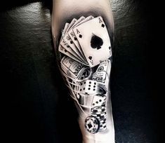 Very nice black and grey realistic tattoo style of Las Vegas Casino motive done by artist Renata Jardim Tattoo | Post 21833 | World Tattoo Gallery - Best place to Tattoo Arts Acab Tattoo, Tattoos Masculinas, Casino Tattoo, Dice Tattoo, Vegas Tattoo, Money Tattoo, Gambling Machines, Theme Tattoo, Gambling Cake