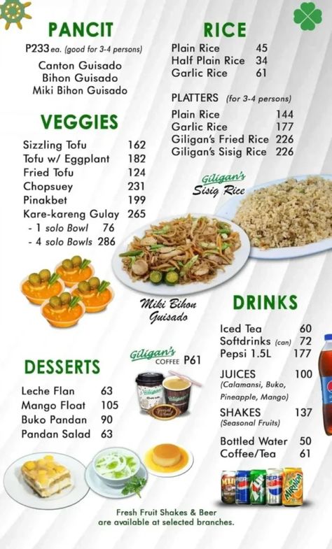 Giligan’s Menu Philippines Latest Prices in 2024 Filipino Food Menu, Pork Menu, Filipino Appetizers, Beef Caldereta, Garlic Fried Chicken, Pork Sisig, Menu Card Design, Seafood Menu, Sweet And Spicy Chicken