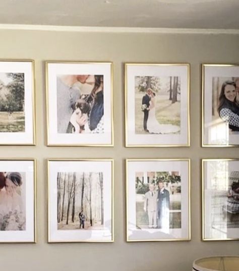 Wedding photo collage on wall Wedding Photos Above Couch, Wedding Wall Collage, Photo Collage On Wall, Wedding Photo Collage Wall, Wedding Photo Display Home, Photos Above Couch, Collage On Wall, Wedding Gallery Wall, Porch Lanterns