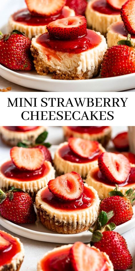 Pink Mini Cheesecakes, Mini Fruit Cheesecakes, Individual Cherry Cheesecake Cups, Jam Deserts, Strawberry Topping For Cheesecake Easy, Mini Cheesecake Toppings, Mini Strawberry Cheesecake Recipes, Baked Strawberry Cheesecake, Strawberry Mini Cheesecake