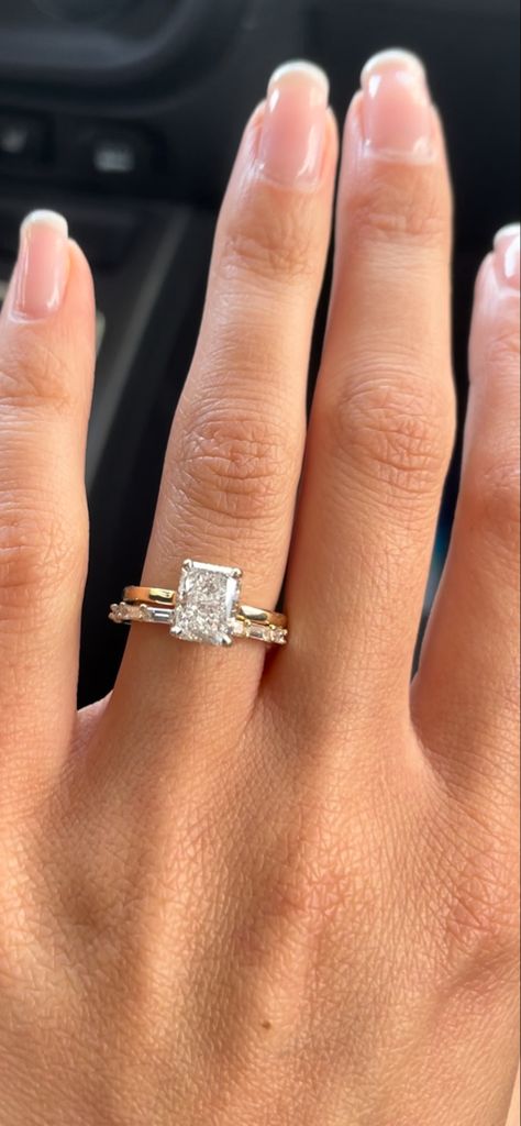 Radiant Engagement Ring Baguette, Emerald Cut Engagement Ring Baguette Band, $15000 Engagement Ring, Radiant Engagement Ring With Baguette Band, Gold Wedding Band With Radiant Cut Engagement Ring, Gold Engagement Ring Silver Wedding Band, Stacked Wedding Rings Radiant Cut, Baguette Wedding Band With Radiant Ring, Gold Wedding Band With Radiant Ring