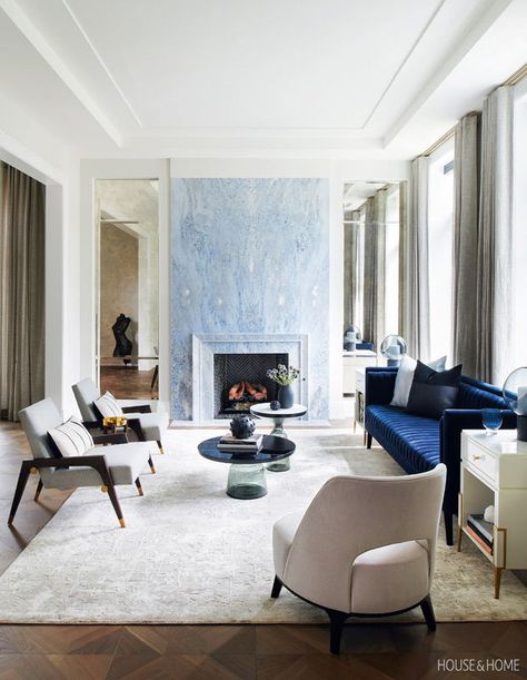 Blue Green Couch, Lake House Bathroom, Bold Kitchen, Marble Fireplace Surround, Condo Kitchen, Geometric Floor, Chimney Breast, Contemporary Cottage, Marble Fireplaces