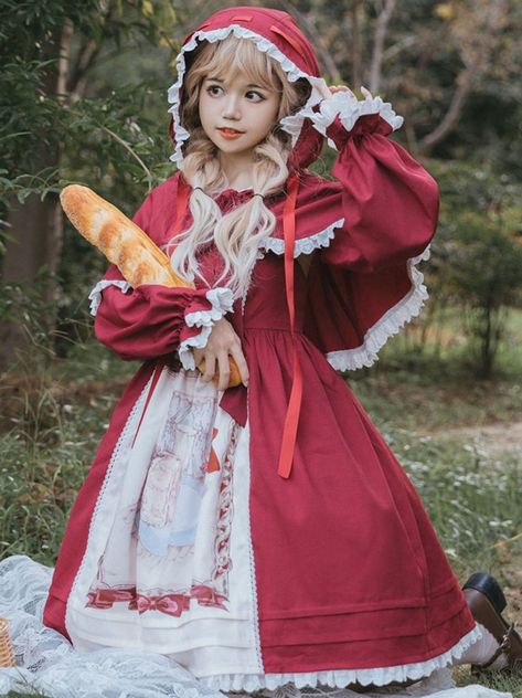 This price is for a JSK or a full set, the full set includes a JSK and a cape.   	 		 			Size 			S 			M 			L 			XL 		 		 			Bust 			86 			90 			94 			98 		 		 			Waist 			72 			76 			80 			84 		 		 			Full Length 			86 			87 			88 			89 Skirt Cape, Red Riding Hood Costume, Jumper Skirt, Sweet Lolita, Little Red Riding Hood, Polyester Dress, Red Riding Hood, Lolita Dress, Cute Bows