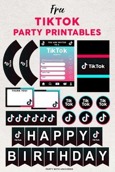 Are you planning a TikTok Party? Download this free set of TikTok Party printables to use at your event. The set includes TikTok Waterbottle Labels,  TikTok Napkin Labels, TikTok Birthday Banner, TikTok Cupcake Toppers, TikTok Cupcake Wrappers, TikTok Chocolate Bar Wrappers, TikTok Party Invitations, TikTok Thank-you Cards #tiktokparty #tiktok Tik Tok Party, Tiktok Party, Easy Party Decorations, Fun Party Themes, Birthday Party Printables, Chocolate Bar Wrappers, Party Printables Free, Printables Free, Kids Party Themes