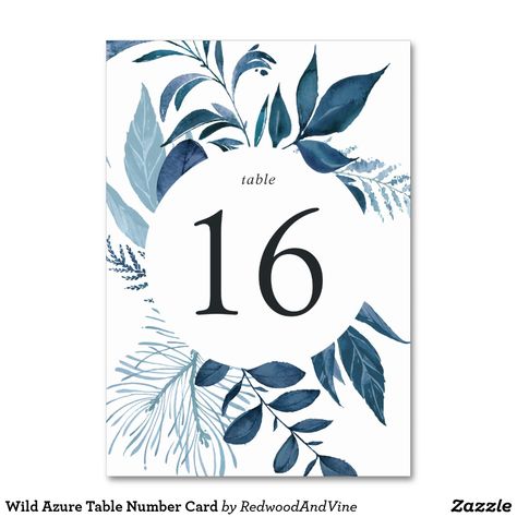 Wild Azure Table Number Card Chic winter botanical table number cards feature a round border of icy blue watercolor foliage, surrounding your table number. Design repeats on reverse side. Coordinates with our Wild Azure wedding invitation suite. ❤ Affiliate ad link. Fun, modern wedding invites. Customize these invitations / cards / products for your weddings. #invitations #invites #weddings Table Number Design, Forest Wedding Invitations, Watercolor Foliage, Round Border, Table Number Card, Wedding Postage, Wreath Wedding Invitations, Wedding Table Number Cards, Card Table Wedding