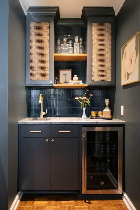 Modern Wetbar by Tulsa Home + Design Wet Bar Makeover, Cane Cabinet Doors, Small Home Bar, Modern Wet Bar, Bar Makeover, Cane Cabinet, Light Stained Wood, Built In Wet Bar, Moody Paint