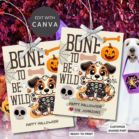 😍 Halloween Printable & Editable Gift Tags | Dog-Themed Halloween Gift Tags | Bone to Be Wild | Given Crafted Wonders 😍 by Given Crafted Wonders starting at $5.99 Get ready to "bone to be wild" this Halloween with our dog-themed printable and editable gift tags! These fun and festive tags feature a playful dog dressed up for Halloween, perfect for dog lovers and pet-themed gifts. Each tag is 2.5 x 3.5 inches, laid out 8 per sheet on a standard 8.5 x 11-inch page. Customers will receive a re... Monthly Celebration, Halloween Gift Tags, Editable Gift Tags, Business Colors, Halloween Printable, Halloween Party Favors, Themed Gifts, Pet Treats, Dog Themed