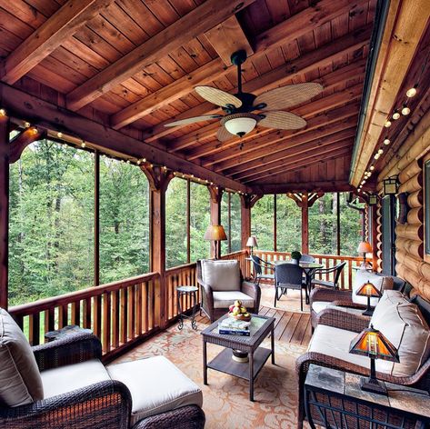 Log Cabin Front Porch, Cabin Front Porch, Log Cabin Porch, Screened Front Porches, Cabin Porches, Warm Fireplace, Three Season Room, Log Cabin Ideas, Outdoor Heaters